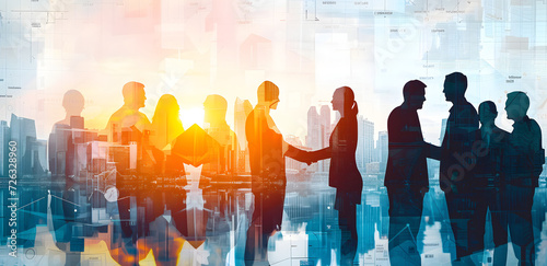 Silhouettes of a business partnership, portrayed with a double exposure style. Business people were forming a handshake silhouette against the backdrop of a city scene. 