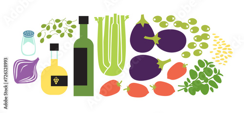 Vegetable stew, saute or caponata fresh raw ingredients set. Flat vector illustration isolated on white background.