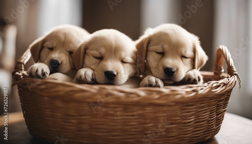 puppies sleeping in a basket, blurry background, warm lights. 