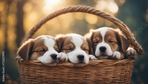 puppies sleeping in a basket, blurry background, warm lights.  © abu