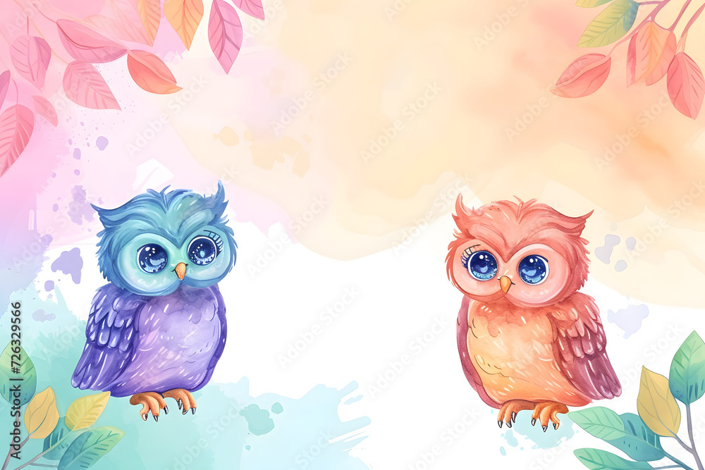 Fototapeta premium Cute cartoon owl frame border on background in watercolor style.