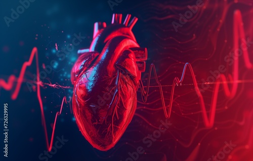 Human heart with red cardio pulse line. 
