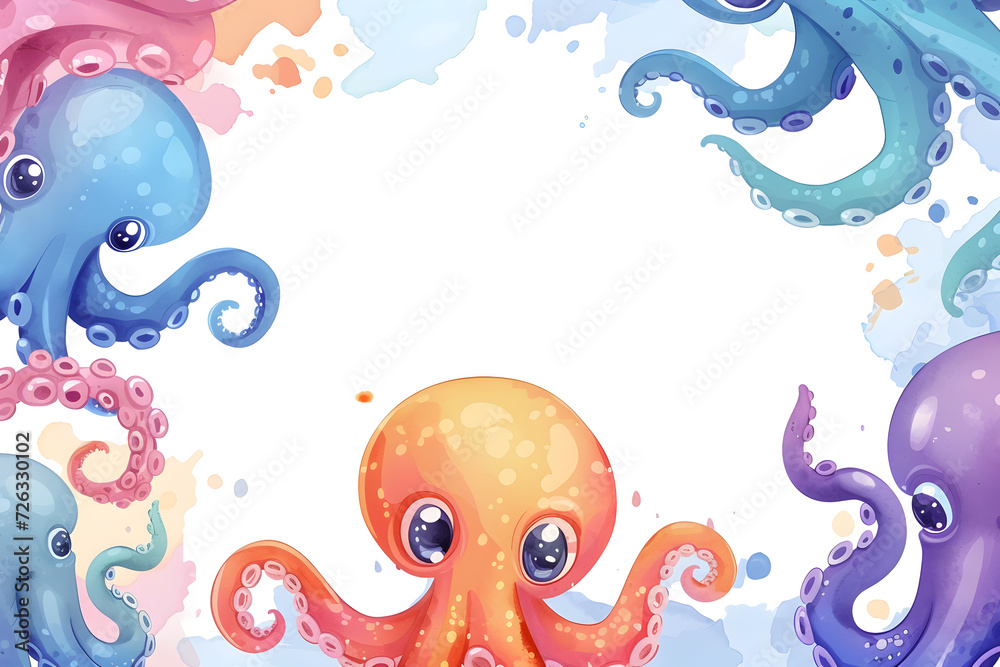 Cute cartoon squid frame border on background in watercolor style. Cute cartoon squid frame border on background in watercolor style.