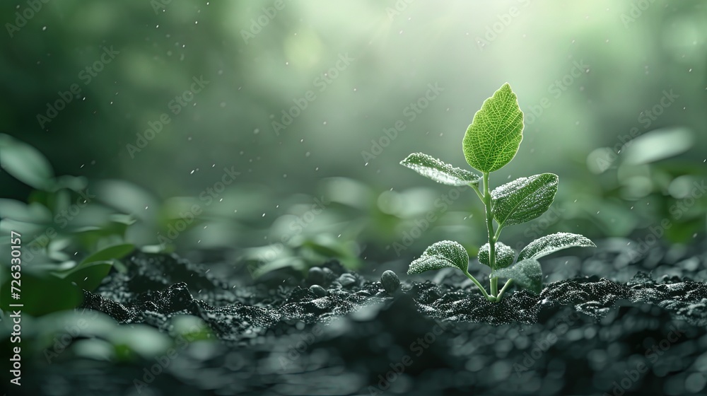 A delicate young plant emerges from rich, dark soil, its leaves glistening with dew under the soft rays of the sun. A delicate young plant emerges from rich, dark soil, its leaves glistening with dew under the soft rays of the sun.