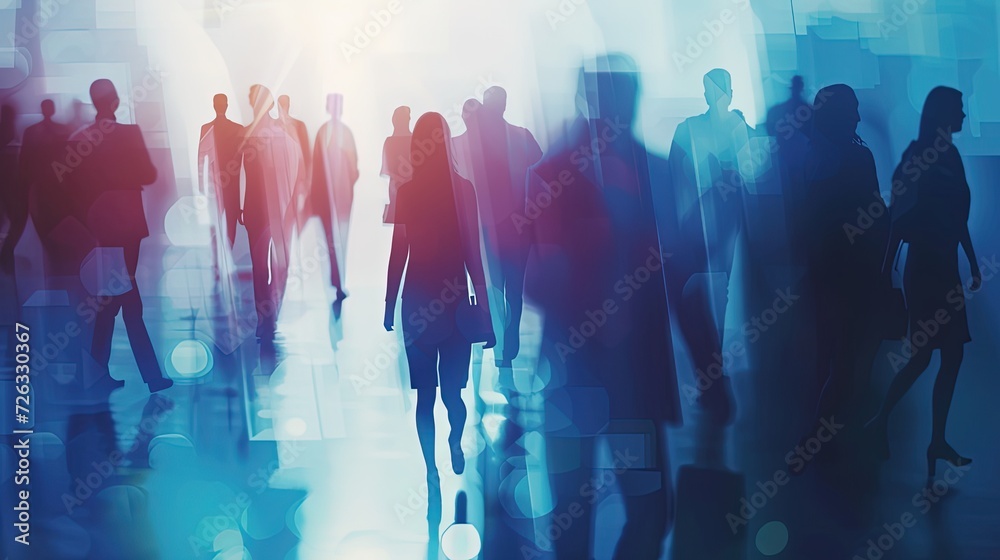 Abstract image of corporate professionals walking in a bright, modern hallway, symbolizing business activity and corporate life.