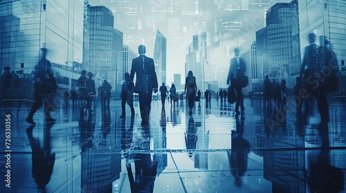 Abstract representation of business commuters walking with reflections on the ground  set against a digital cityscape background.