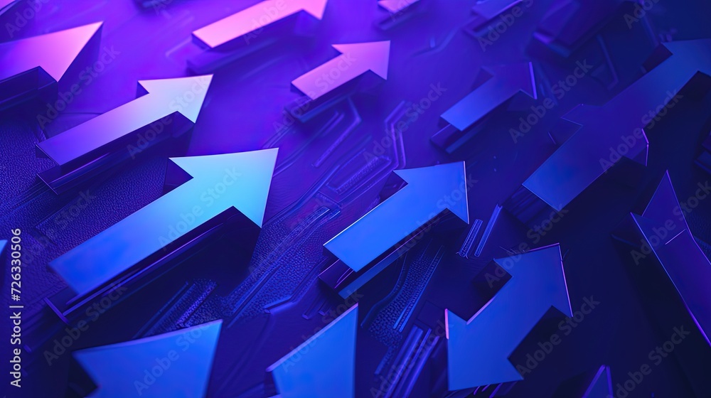 Abstract background of blue neon arrows pointing upwards on a textured dark surface, representing growth, direction, and futuristic concepts. Abstract background of blue neon arrows pointing upwards on a textured dark surface, representing growth, direction, and futuristic concepts.