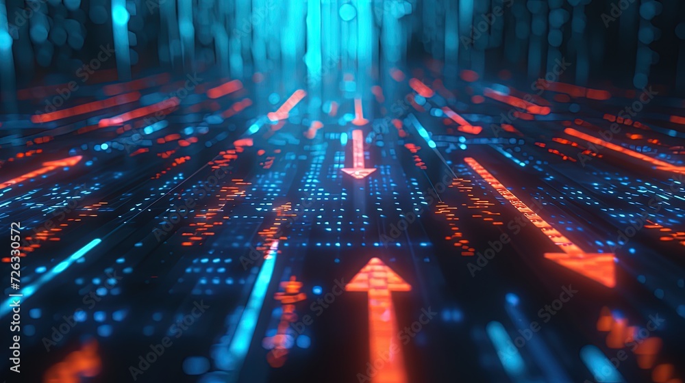 High-speed data streaming visualized with red and blue light arrows on a dark background, symbolizing network connectivity and data transfer. High-speed data streaming visualized with red and blue light arrows on a dark background, symbolizing network connectivity and data transfer.