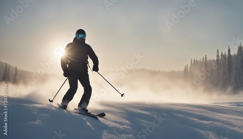 silhouette of a skier flying through the snow in dense fog, sun in the background 