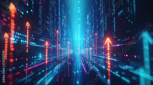 Digital cyber tunnel visual with glowing light arrows in blue and red, representing high-speed data transfer and futuristic technology.