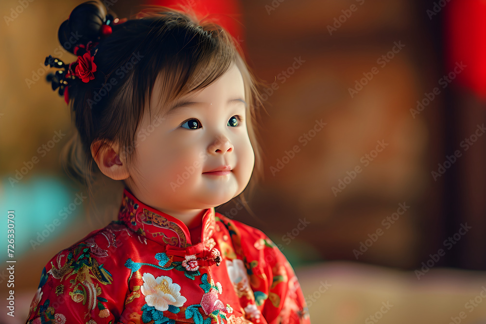 Cute asian baby girl in national dress smiling and laughing on blurred background. Happy infant child. Traditional festival on Chinese lunar New Year. Card or banner with copy space Cute asian baby girl in national dress smiling and laughing on blurred background. Happy infant child. Traditional festival on Chinese lunar New Year. Card or banner with copy space