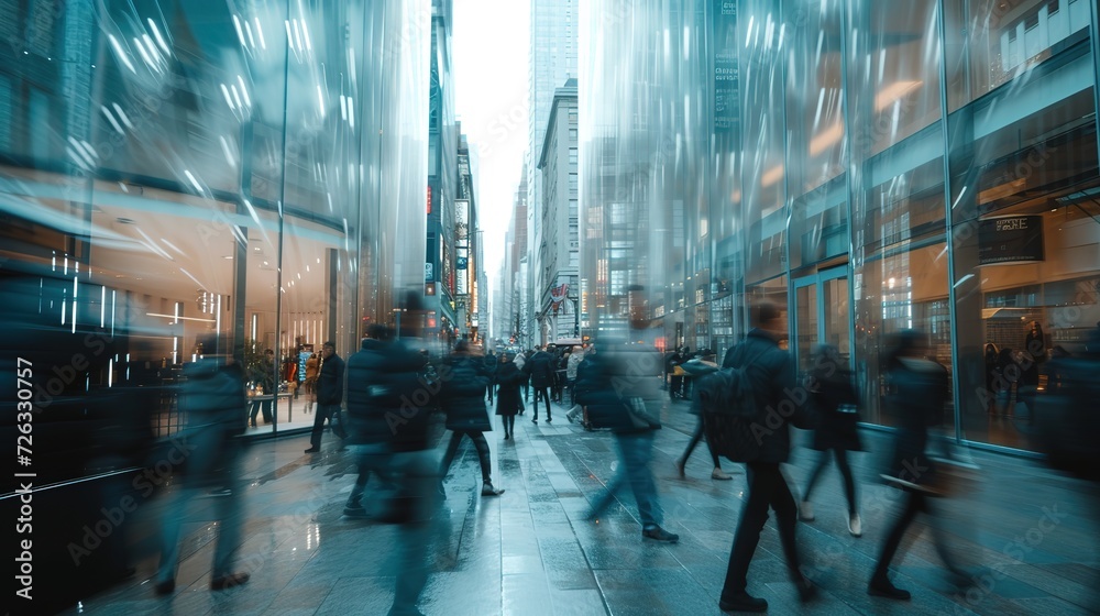 A bustling city street with reflections on glass surfaces and blurred figures of pedestrians in motion, depicting urban life.