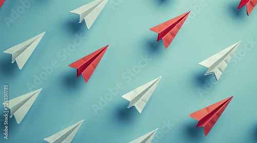 Several white paper airplanes follow a few red ones against a pale blue background  depicting leadership and teamwork.