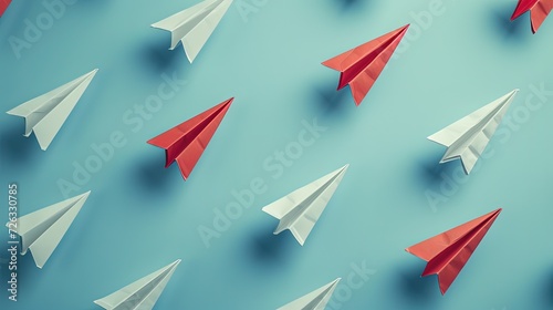 Several white paper airplanes follow a few red ones against a pale blue background, depicting leadership and teamwork.