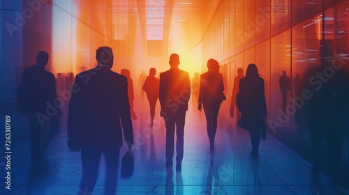 Silhouetted business professionals walking through a corridor illuminated by the radiant orange light of the setting or rising sun.