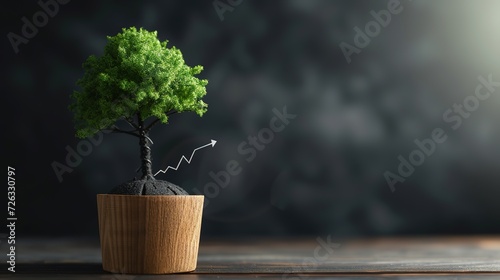 Conceptual image of a lush green tree growing out of a mound with a rising graph line, symbolizing growth and success. #726330797