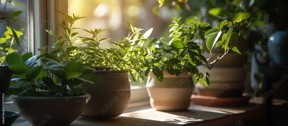 Selective focus is used to capture the creative background of a real room interior with green houseplants on a window sill, illuminated by natural light.