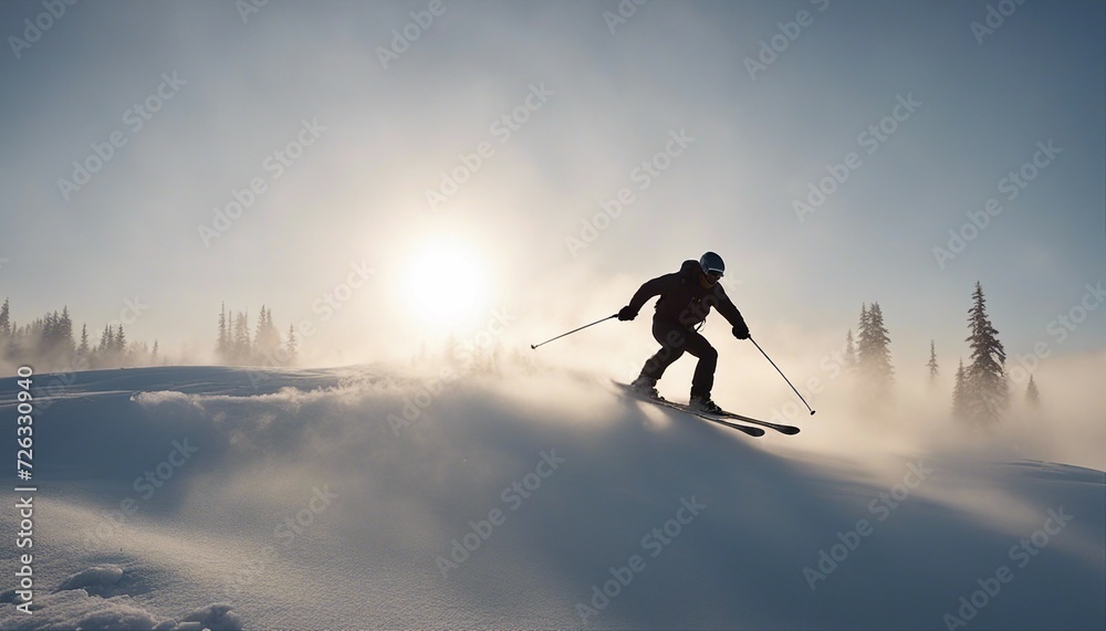 silhouette of a skier flying through the snow in dense fog, sun in the background
silhouette of a skier flying through the snow in dense fog, sun in the background