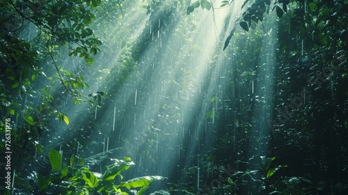 Light rain in a dense tropical forest with sun rays illuminating the vibrant green leaves and serene atmosphere photo