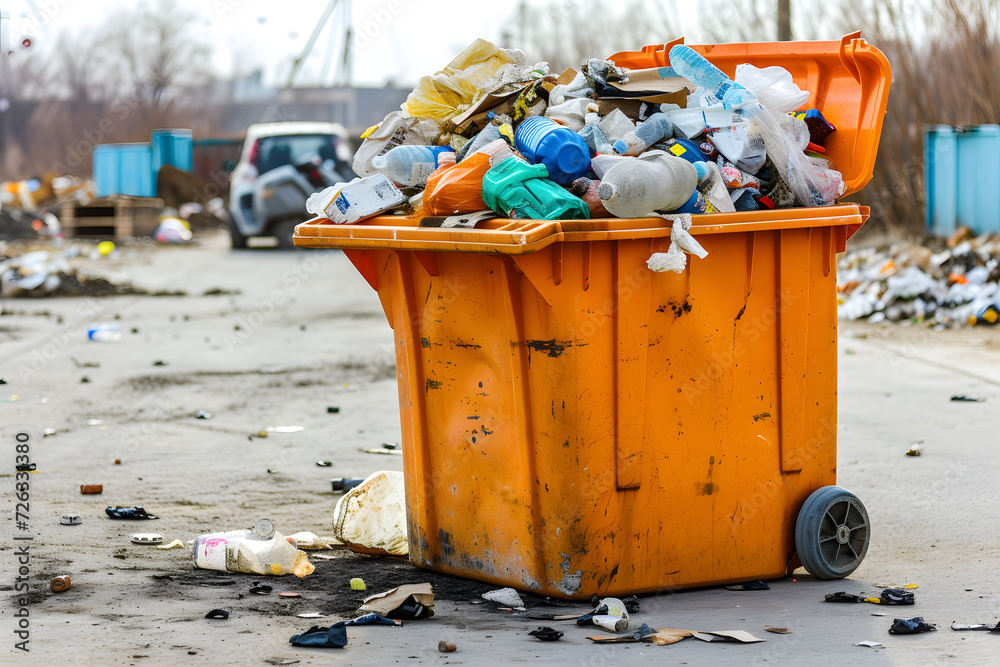 Garbage containers full of trash. Plastic rubbish bin. Garbage containers full of trash. Plastic rubbish bin.