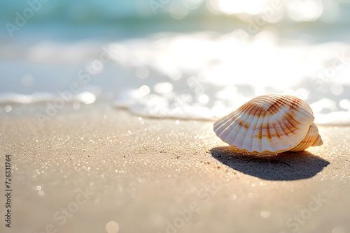 Shell on the sand at beach. Summer holiday background. © Pacharee