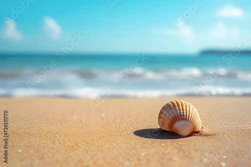 Shell on the sand at beach. Summer holiday background.