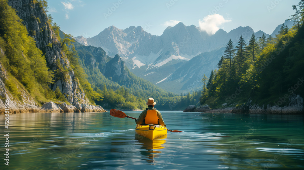 A man seen from the backside having a trip on a canoe in crystal clear mountain lake.  - obrazy, fototapety, plakaty 
