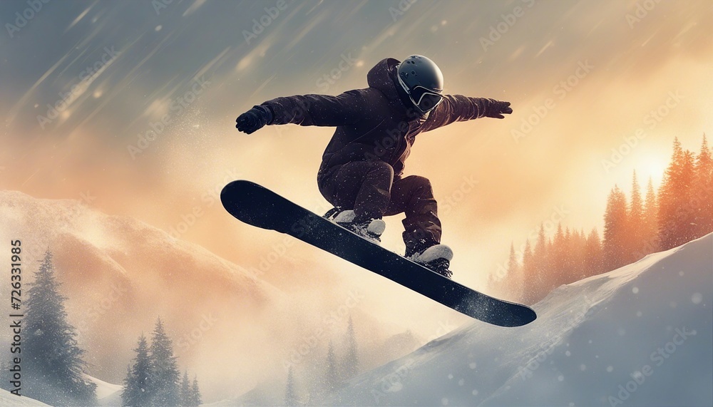 Fototapeta premium silhouette of snowboarder doing acrobatic stunts in the air, warm tones, foggy weather, heavy snowfall