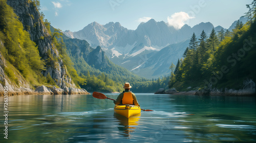 Fotografia A man seen from the backside having a trip on a canoe in crystal clear mountain lake