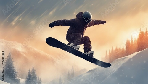 silhouette of snowboarder doing acrobatic stunts in the air, warm tones, foggy weather, heavy snowfall   © abu