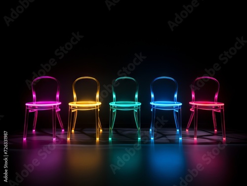 Chairs in a dark room with rainbow neon lights. Creative concept