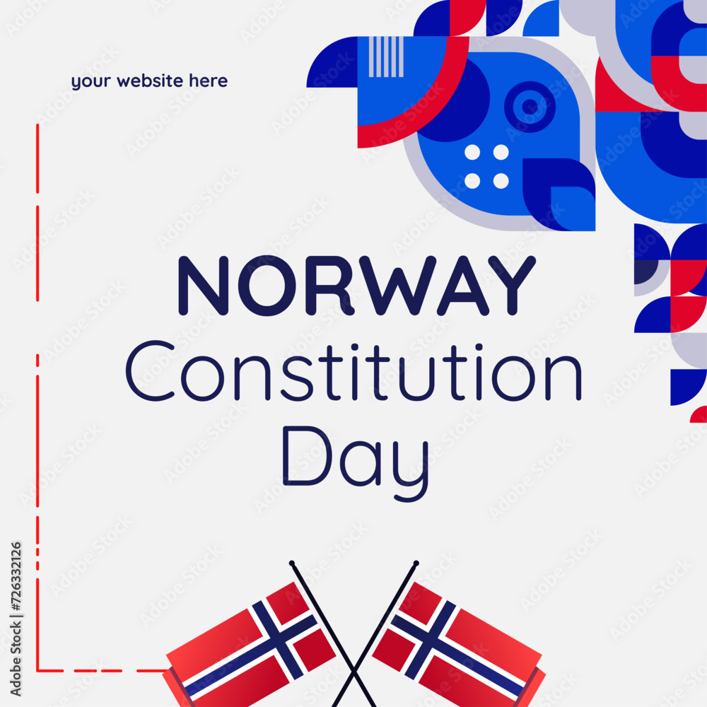 Happy National Constitution Day of Norway in modern geometric style. Square banner for social media and more with typography. Illustration of Happy Norwegian Constitution Day 2024 Happy National Constitution Day of Norway in modern geometric style. Square banner for social media and more with typography. Illustration of Happy Norwegian Constitution Day 2024