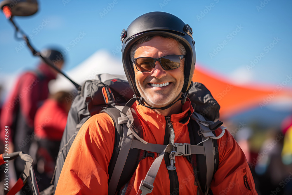 Happy Male Skydiver with Parachute Bag, Wearing Glasses and Helmet Happy Male Skydiver with Parachute Bag, Wearing Glasses and Helmet