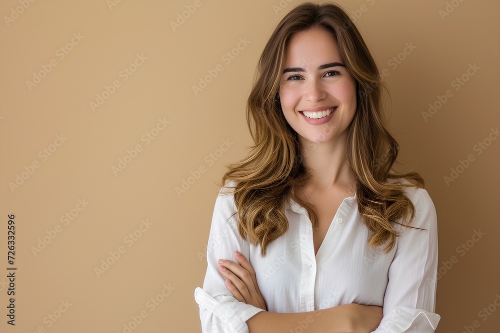 clever wit beautiful hispanic woman standing smiling on contemporary simple beige background with arms crossed. generative AI clever wit beautiful hispanic woman standing smiling on contemporary simple beige background with arms crossed. generative AI