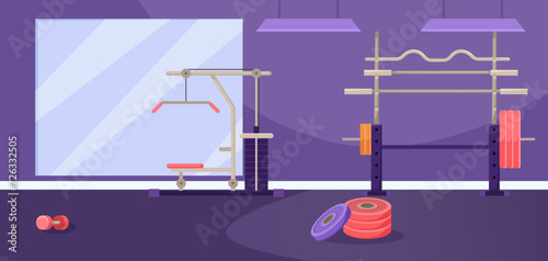 Empty fitness gym interior with purple wall. Inside dumbbells, barbell and strength training equipment. Concept of gym interior for training exercises. Flat Vector illustration