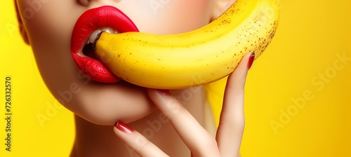 Close up beautiful woman with red lip make up biting yellow banana with copy space