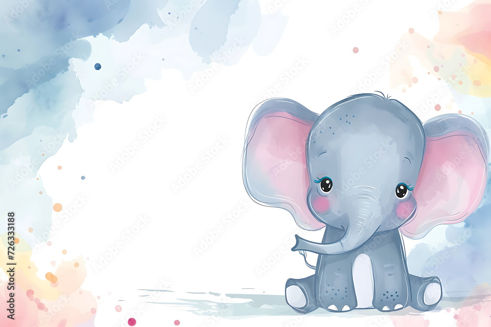 Cute cartoon baby elephant frame border on background in watercolor style.