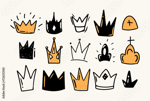 Doodle style hand drawing. Colored crowns, different shapes. Isolated vector illustration.