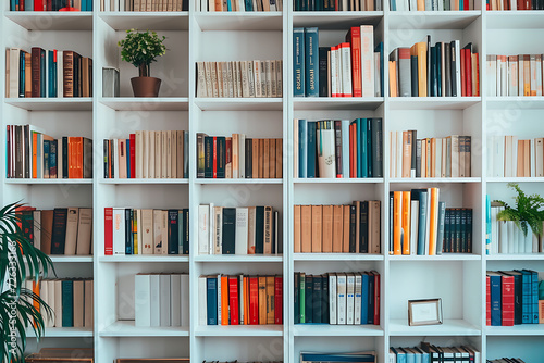 Books on white shelf.