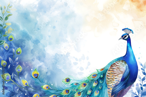 Cute cartoon peacock bird frame border on background in watercolor style.