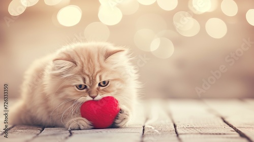 Adorable kitty with heart gift, cute animals for valentine s day on magical blurred background. photo
