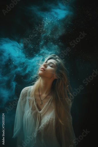 A girl or young woman with beautiful flawless glowing skin having starry astral at night with dark smoky background