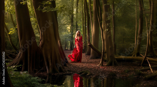 a tranquil forest scene with a woman in a red dress standing by a reflective pond, illuminated by soft light. The atmosphere is serene and mystical, ai generative