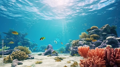 Beautiful coral reef with tropical fish. Blue underwater sea life concept background. Generative AI