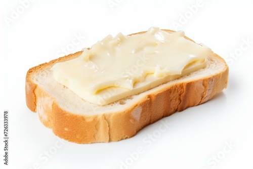 Bread slice with cheesy spread on white background. Generative AI