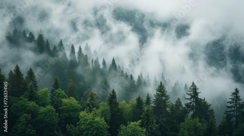 Beautiful cloudy foggy forest in mountain.