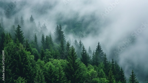 Beautiful cloudy foggy forest in mountain.