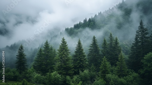 Beautiful cloudy foggy forest in mountain. © Emil