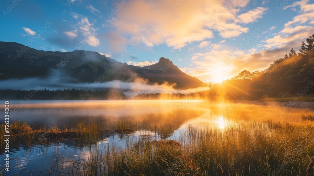 Beautiful sunrise over Matheson water lake with Fox mountain background, New Zealand natural landscape