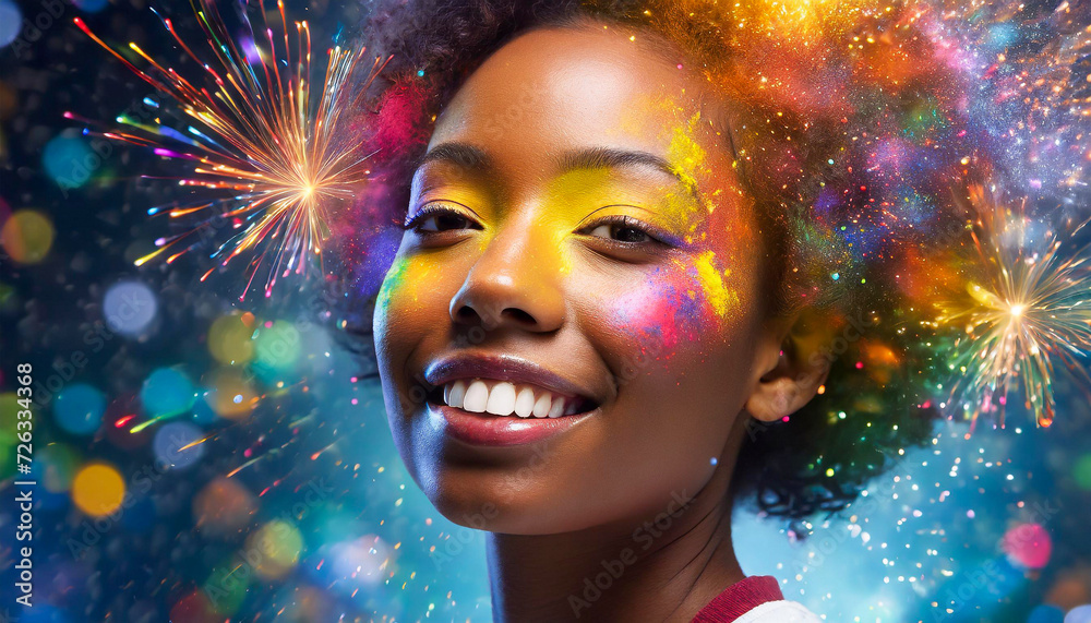 Fototapeta premium african woman with exploding colors on face and in background